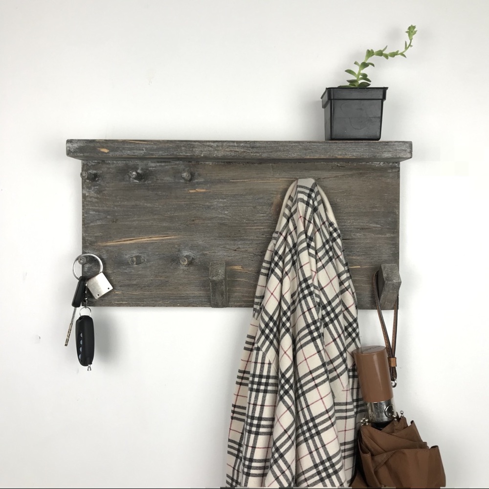 Rustic Coat Rack Shelf Key Chain Holder Boho Wood
